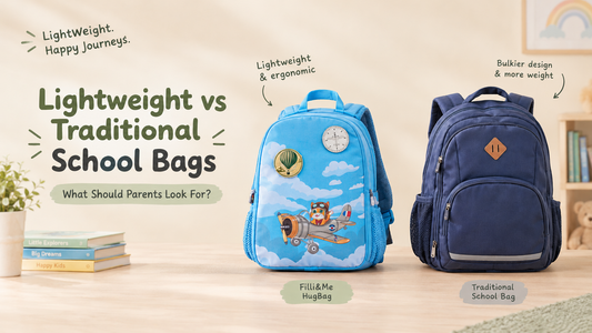 Lightweight HugBag and a traditional backpack side by side, comparison for kids school bags